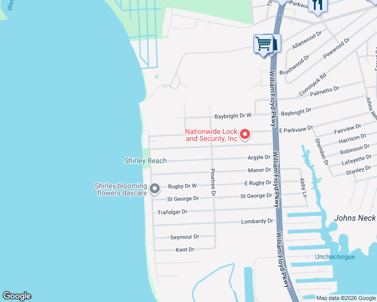 map of restaurants, bars, coffee shops, grocery stores, and more near 36 Westminster Drive in Shirley