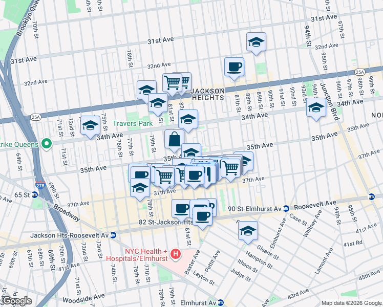 map of restaurants, bars, coffee shops, grocery stores, and more near 82-1 35th Avenue in Queens