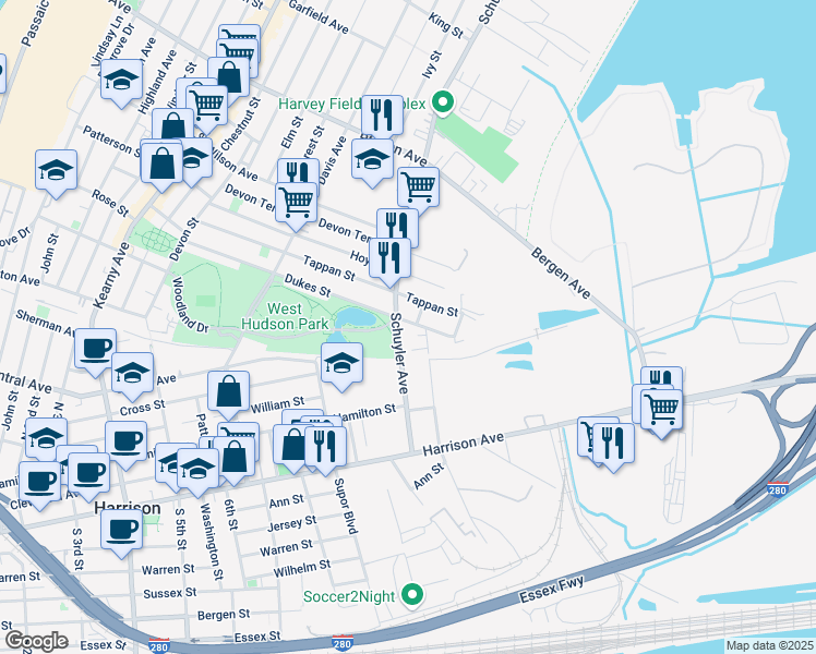map of restaurants, bars, coffee shops, grocery stores, and more near 100 Schuyler Avenue in Kearny