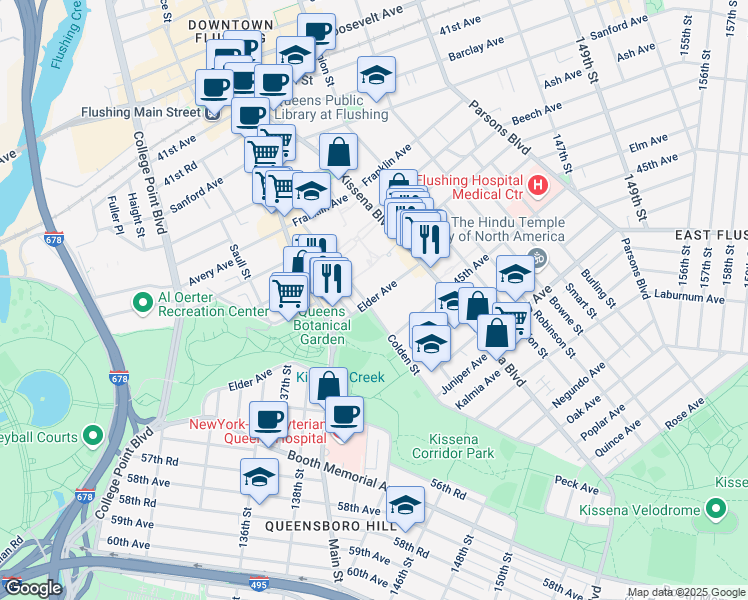 map of restaurants, bars, coffee shops, grocery stores, and more near 44-1 Colden Street in Queens