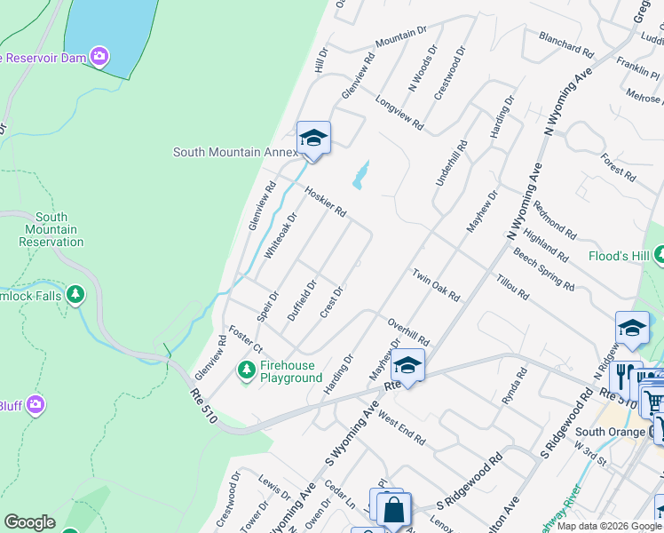 map of restaurants, bars, coffee shops, grocery stores, and more near 67 Crest Drive in South Orange