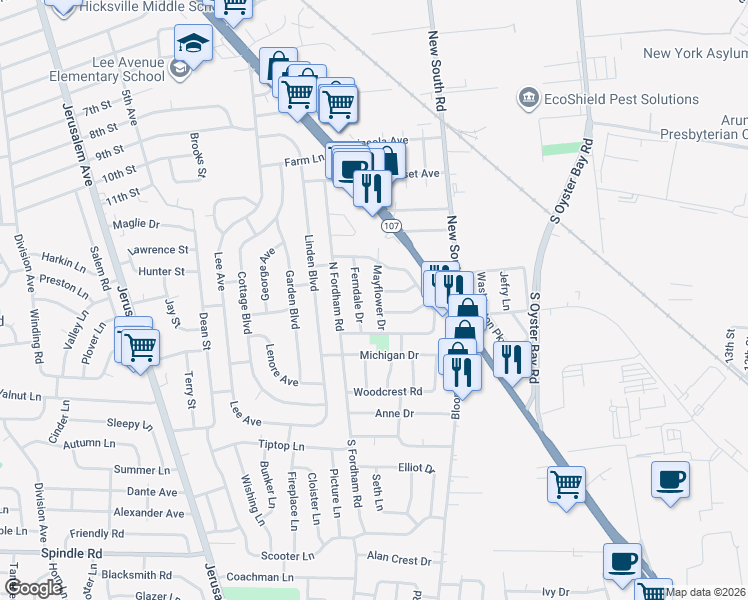 map of restaurants, bars, coffee shops, grocery stores, and more near 12 Mayflower Drive in Hicksville
