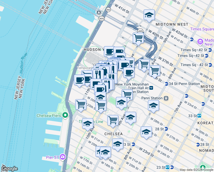 map of restaurants, bars, coffee shops, grocery stores, and more near 519 West 29th Street in New York