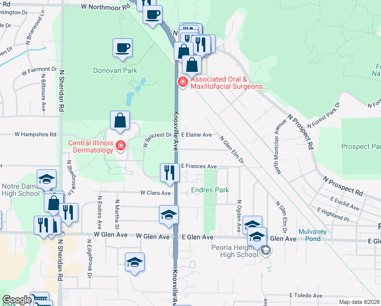map of restaurants, bars, coffee shops, grocery stores, and more near 122 East Cherry Ridge Road in Peoria