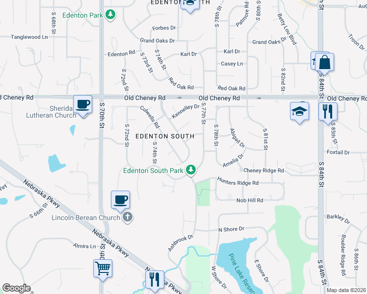 map of restaurants, bars, coffee shops, grocery stores, and more near 6001 Cross Creek Road in Lincoln