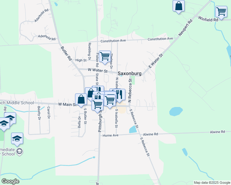 map of restaurants, bars, coffee shops, grocery stores, and more near 130 North Isabella Street in Saxonburg
