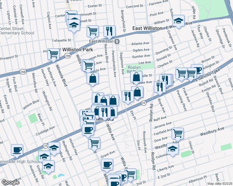 map of restaurants, bars, coffee shops, grocery stores, and more near 345 Pennsylvania Avenue in Mineola