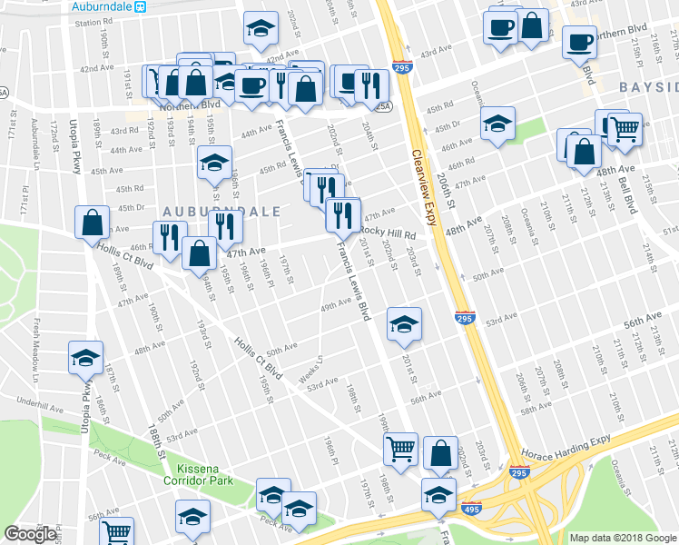map of restaurants, bars, coffee shops, grocery stores, and more near 199-21 48th Avenue in Queens