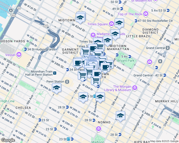 map of restaurants, bars, coffee shops, grocery stores, and more near 152 West 36th Street in New York