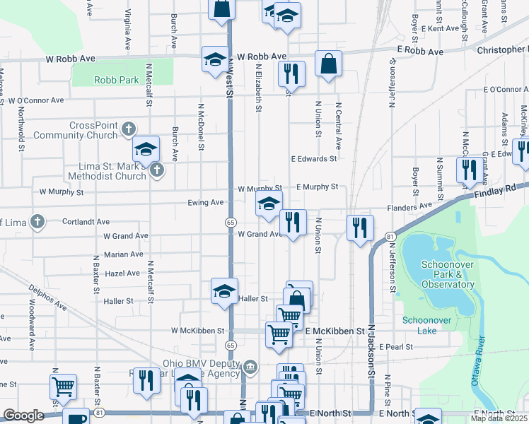 map of restaurants, bars, coffee shops, grocery stores, and more near 732 North Elizabeth Street in Lima