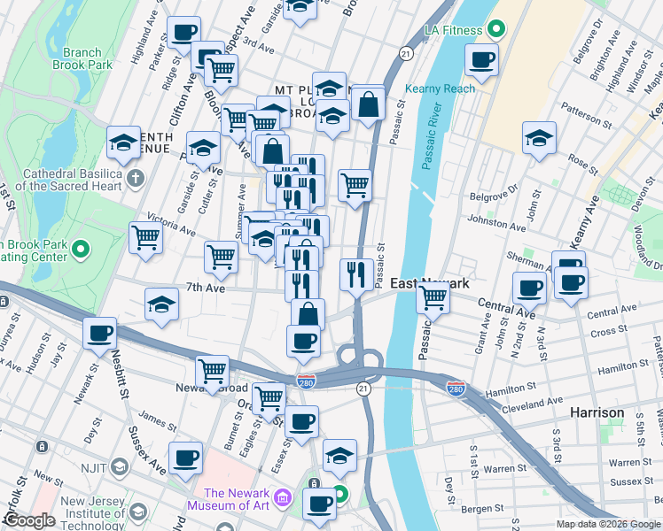 map of restaurants, bars, coffee shops, grocery stores, and more near 281 Mount Pleasant Avenue in Newark