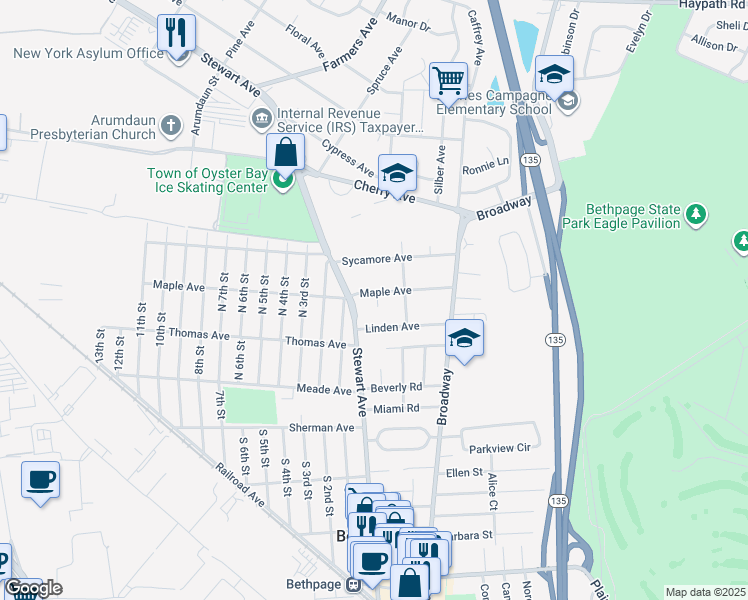 map of restaurants, bars, coffee shops, grocery stores, and more near 81 Maple Avenue in Bethpage