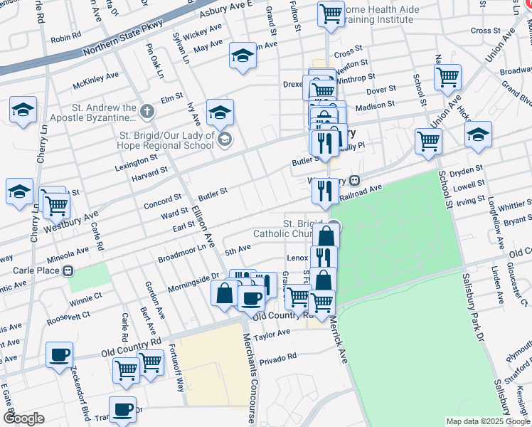 map of restaurants, bars, coffee shops, grocery stores, and more near 2 Madison Avenue in Westbury