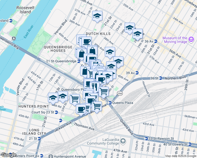 map of restaurants, bars, coffee shops, grocery stores, and more near 41-26 27th Street in Queens