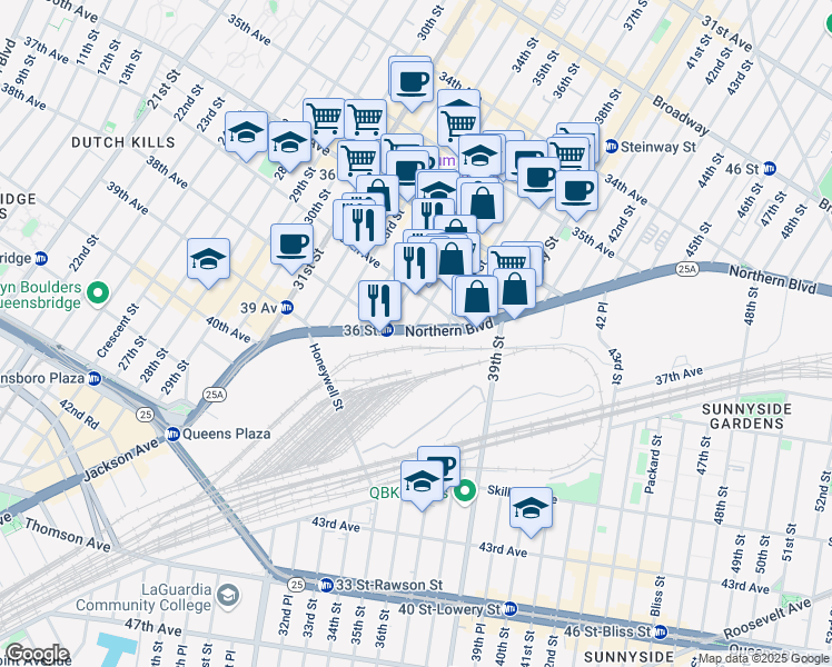 map of restaurants, bars, coffee shops, grocery stores, and more near 2F Northern Boulevard in Queens