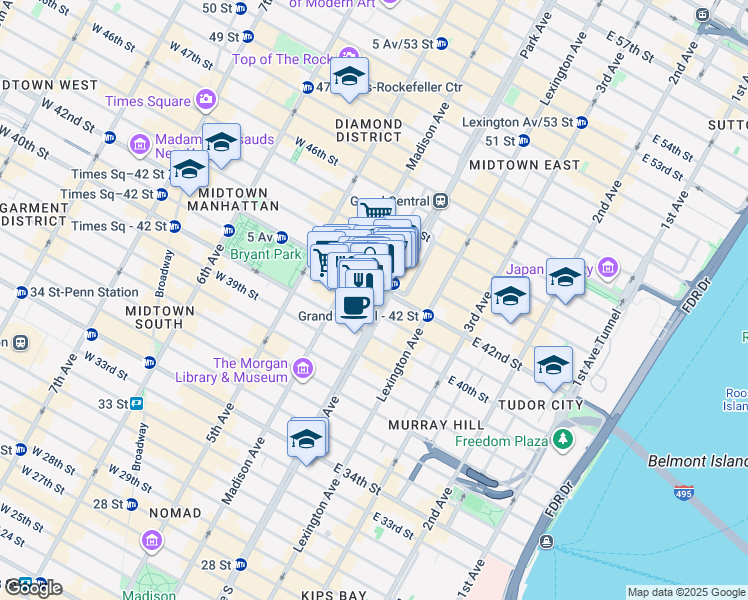 map of restaurants, bars, coffee shops, grocery stores, and more near 60 East 42nd Street in New York