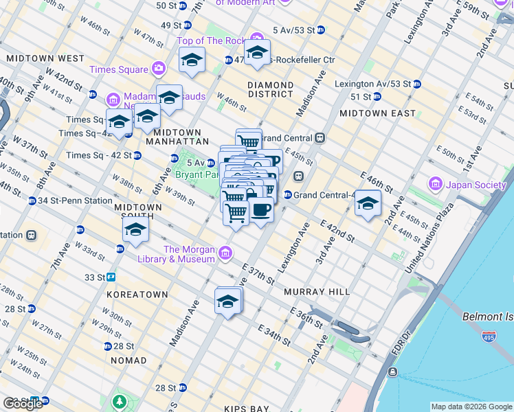 map of restaurants, bars, coffee shops, grocery stores, and more near 18 East 41st Street in New York