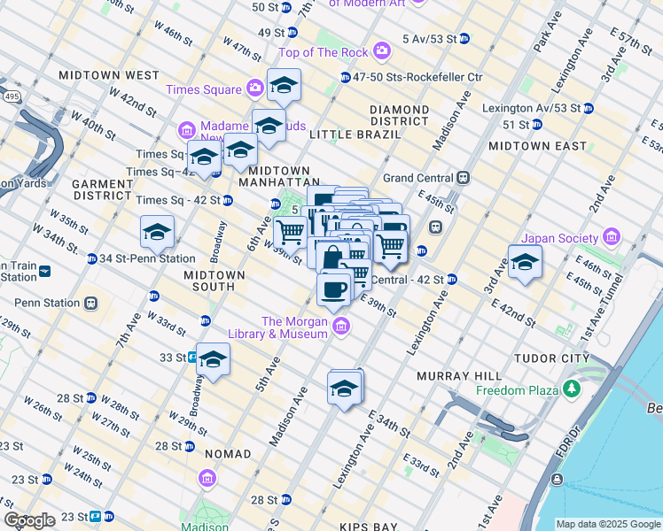 map of restaurants, bars, coffee shops, grocery stores, and more near 455 5th Avenue in New York