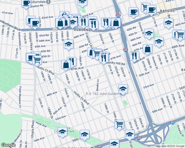 map of restaurants, bars, coffee shops, grocery stores, and more near 47-36 198th Street in Queens