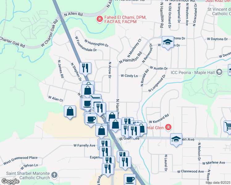 map of restaurants, bars, coffee shops, grocery stores, and more near 5225 North Hamilton Road in Peoria