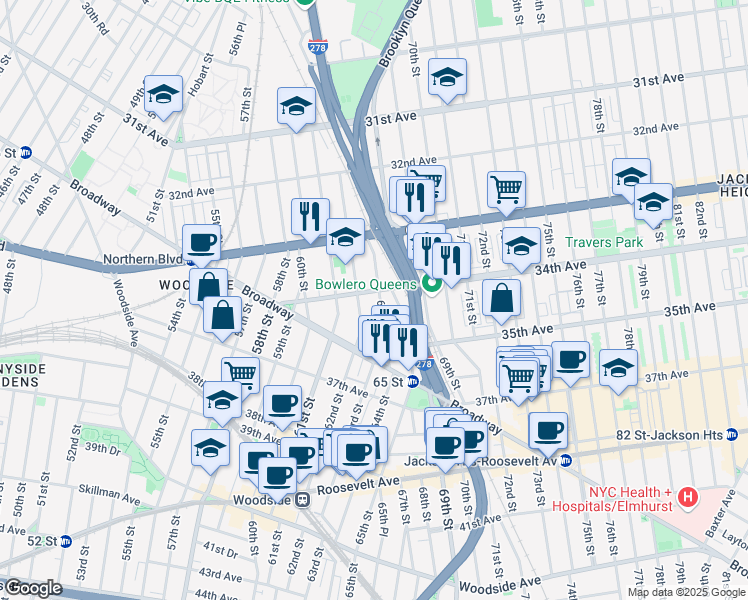 map of restaurants, bars, coffee shops, grocery stores, and more near 62-16 34th Avenue in Queens