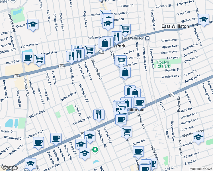 map of restaurants, bars, coffee shops, grocery stores, and more near 376 Mineola Boulevard in Mineola