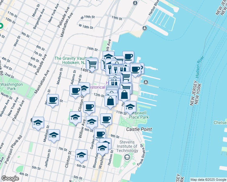 map of restaurants, bars, coffee shops, grocery stores, and more near 1233 Bloomfield Street in Hoboken