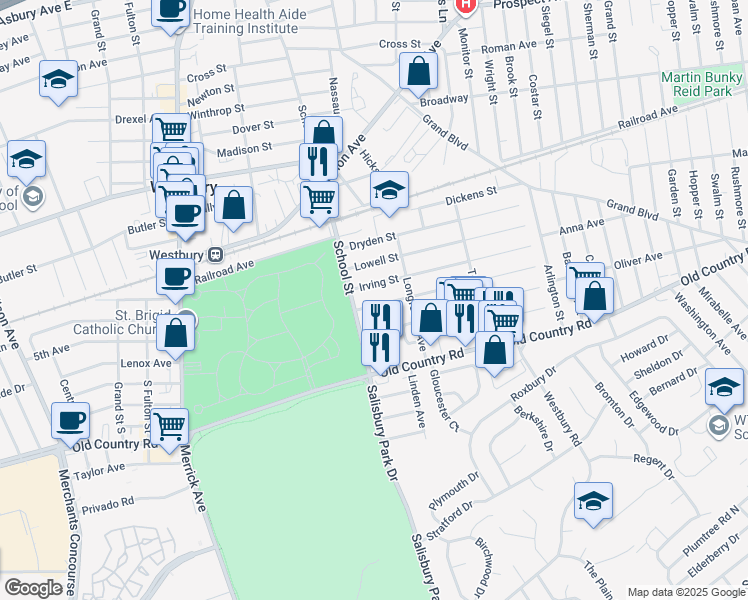 map of restaurants, bars, coffee shops, grocery stores, and more near 511 Whittier Street in Westbury