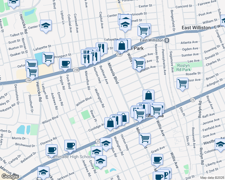 map of restaurants, bars, coffee shops, grocery stores, and more near 404 Burkhard Avenue in Mineola