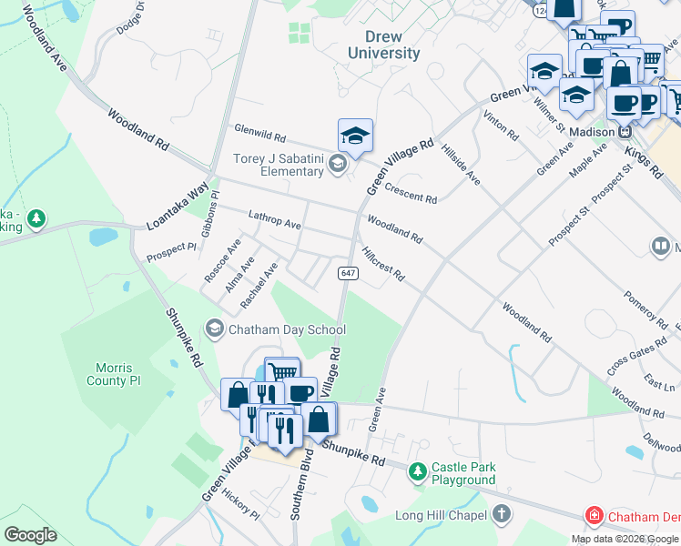 map of restaurants, bars, coffee shops, grocery stores, and more near 173 Green Village Road in Madison
