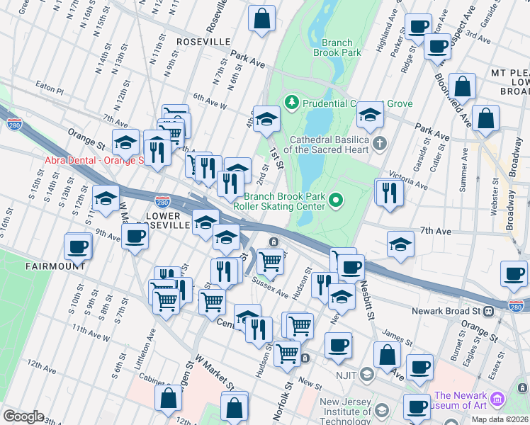 map of restaurants, bars, coffee shops, grocery stores, and more near 182 1st Street in Newark