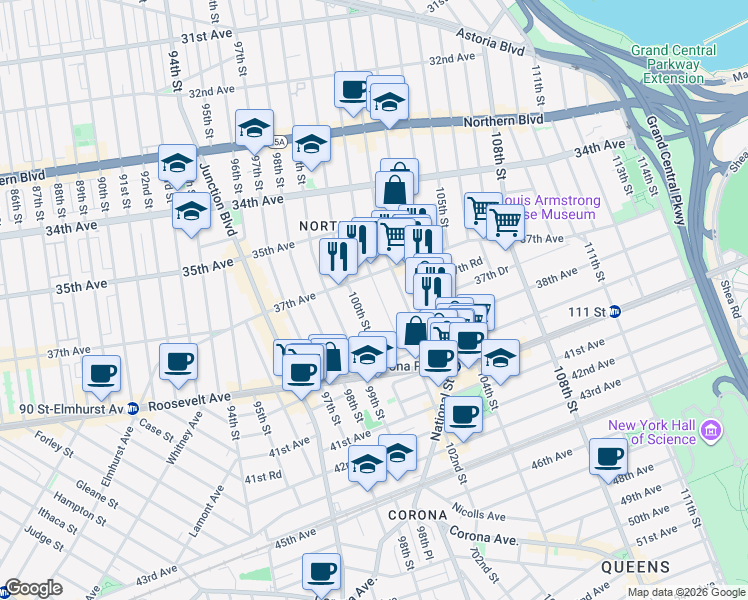 map of restaurants, bars, coffee shops, grocery stores, and more near 37-26 101st Street in Queens
