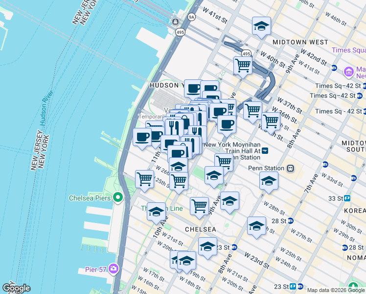 map of restaurants, bars, coffee shops, grocery stores, and more near 519 West 29th Street in New York