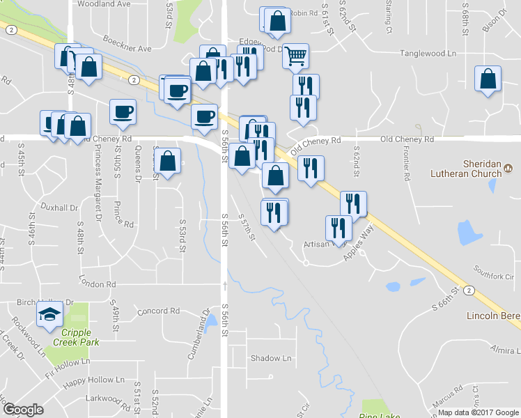 map of restaurants, bars, coffee shops, grocery stores, and more near 5931 S 58th St in Lincoln
