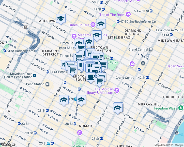 map of restaurants, bars, coffee shops, grocery stores, and more near 112 West 38th Street in New York
