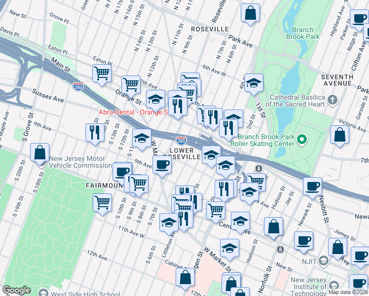 map of restaurants, bars, coffee shops, grocery stores, and more near 75 North 7th Street in Newark