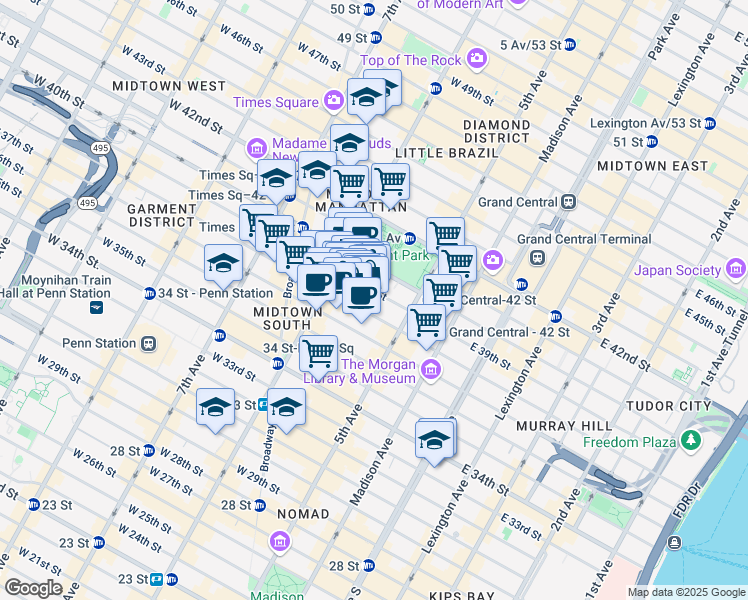 map of restaurants, bars, coffee shops, grocery stores, and more near 32 West 38th Street in New York