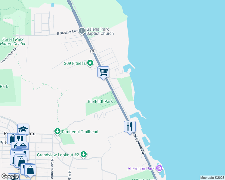 map of restaurants, bars, coffee shops, grocery stores, and more near 2201 East Poplar Lane in Peoria Heights