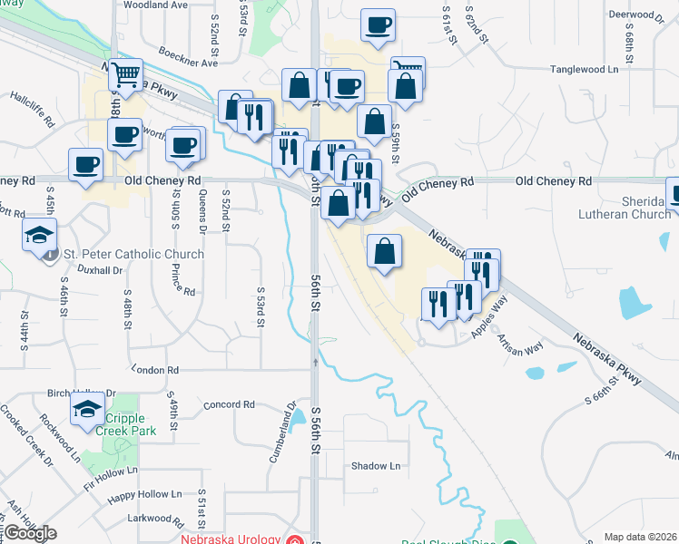 map of restaurants, bars, coffee shops, grocery stores, and more near 5940 South 57th Street in Lincoln