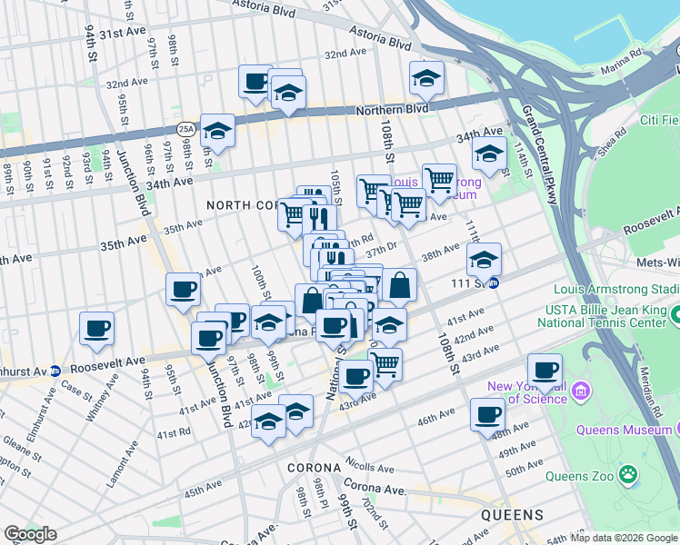 map of restaurants, bars, coffee shops, grocery stores, and more near 37-54 104th Street in Queens