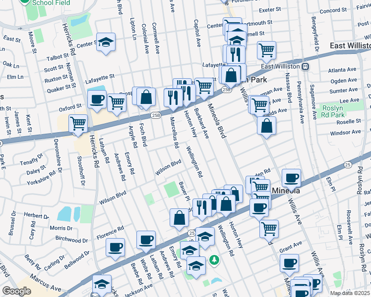 map of restaurants, bars, coffee shops, grocery stores, and more near 465 Wellington Rd in Mineola