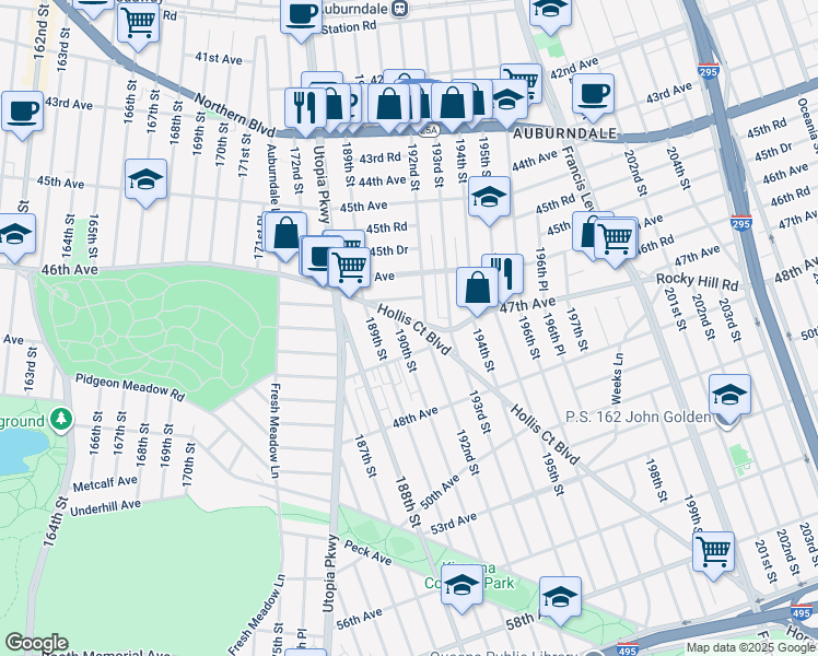 map of restaurants, bars, coffee shops, grocery stores, and more near 46-76 Hollis Court Boulevard in Queens