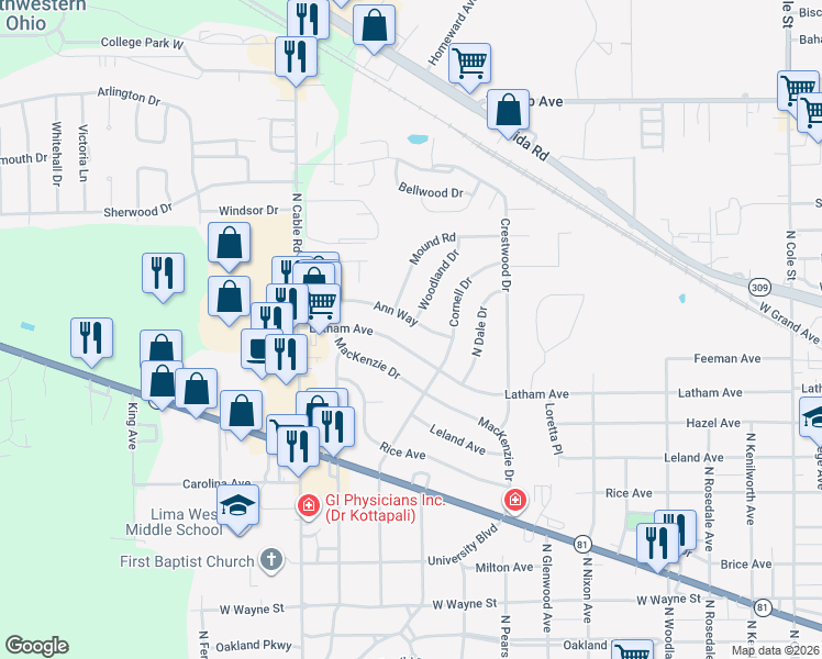 map of restaurants, bars, coffee shops, grocery stores, and more near 1821 Ann Way in Lima