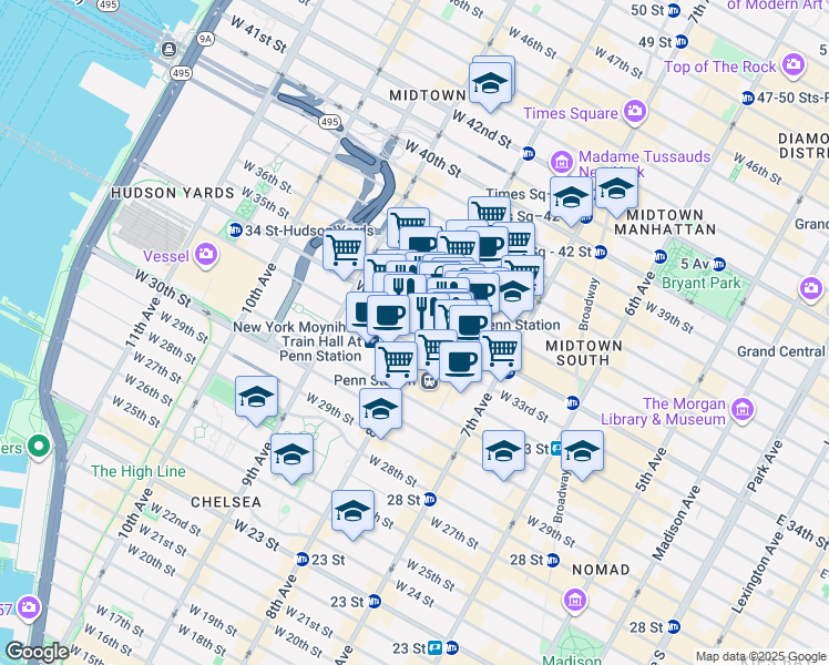 map of restaurants, bars, coffee shops, grocery stores, and more near 461 8th Avenue in New York