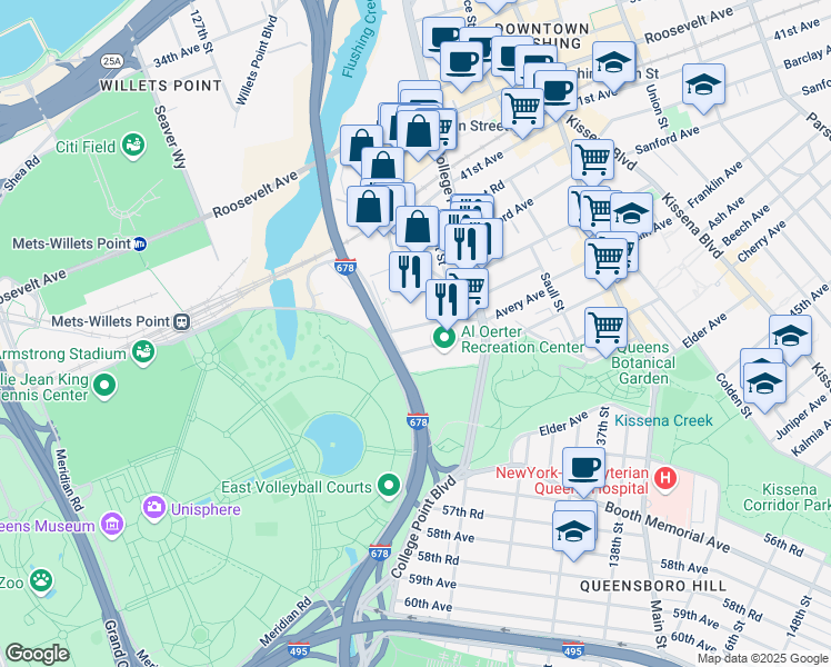 map of restaurants, bars, coffee shops, grocery stores, and more near 13144 Avery Avenue in Queens