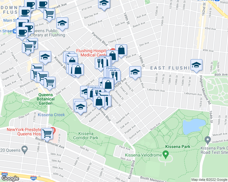 map of restaurants, bars, coffee shops, grocery stores, and more near 46-06 Bowne Street in Queens
