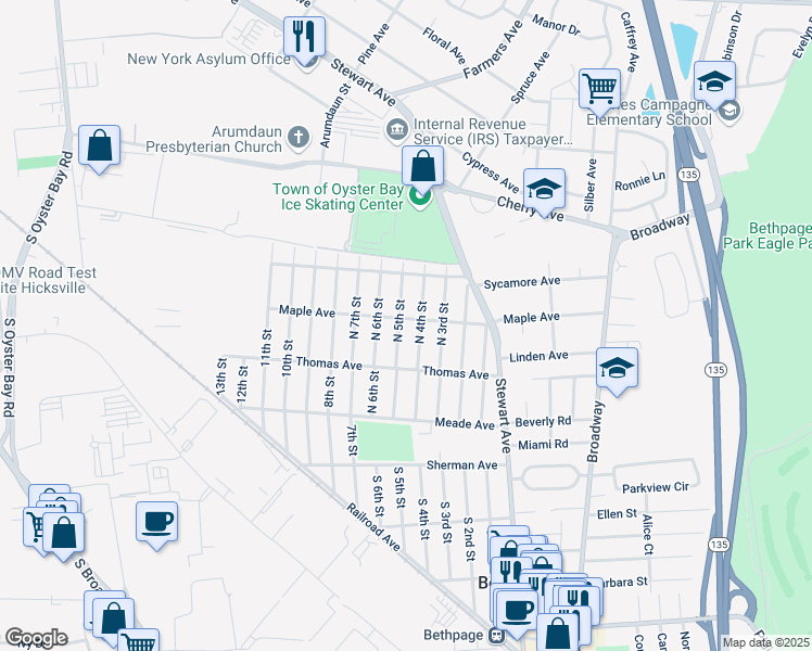 map of restaurants, bars, coffee shops, grocery stores, and more near 149 Maple Avenue in Bethpage