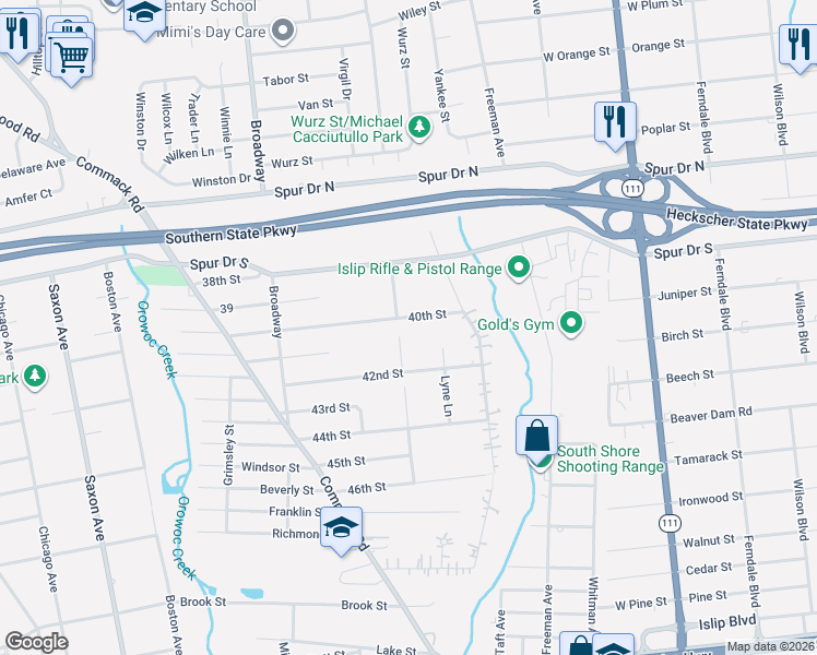 map of restaurants, bars, coffee shops, grocery stores, and more near 68 40th Street in Islip