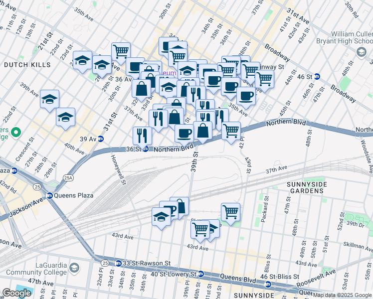 map of restaurants, bars, coffee shops, grocery stores, and more near 37-18 Northern Boulevard in Queens
