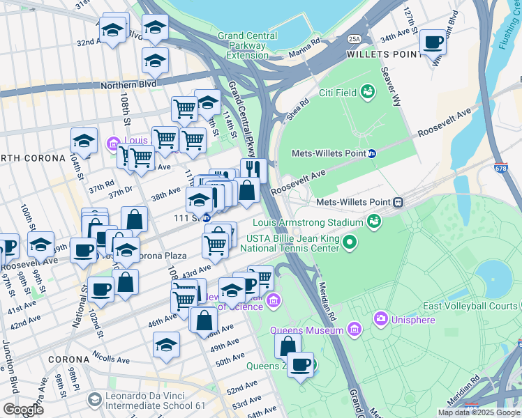map of restaurants, bars, coffee shops, grocery stores, and more near 111-91 41st Avenue in Queens